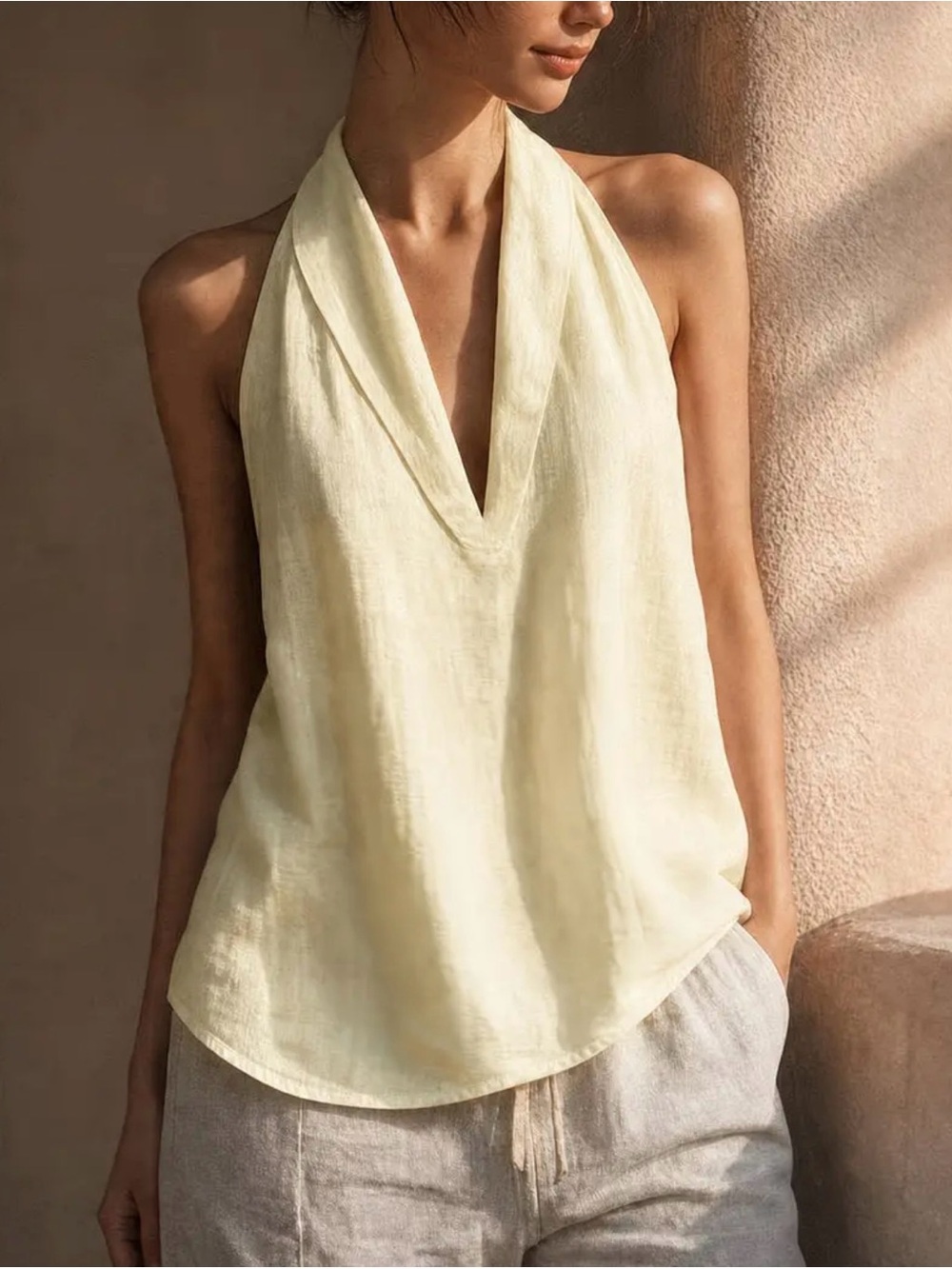 SHEIN Pale Yellow Halter V-Neck Linen-Blend Camisole xxl